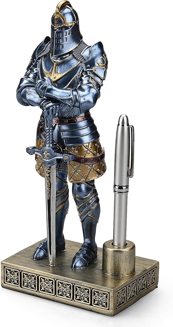 Amoysanli Knight Pen Stand Decoration Resin Pen Holder Art Craft Paperweight for Desktop Organizer Festival Gifts for Boyfriend Husband Dad Son(Blue)