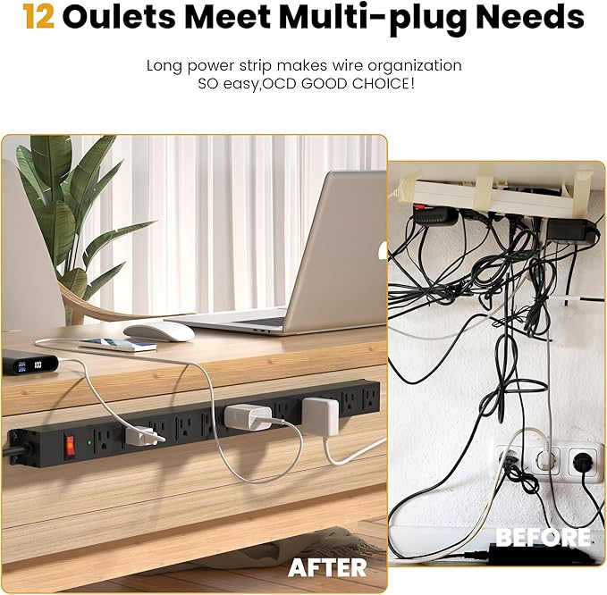 12 Outlet Long Power Strip Surge Protector with 2100 Joules, 3FT Power Cord, Wide Spaced Outlet Power Bar, Overload Protection Switch, Industrial Heavy Duty for Work Bench, Shop, Garage (Black)