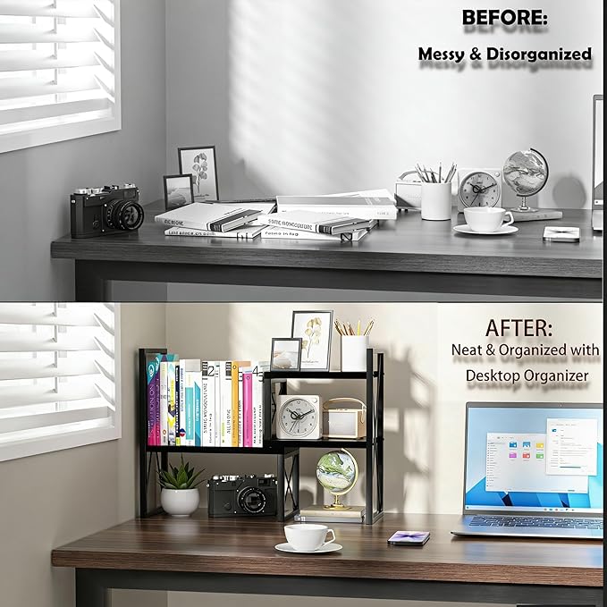 Yelinkws Desktop Shelf Organizer,Small Bookshelf for Office,Wood Desk Top Shelves, Office Organization and Storage (Black)