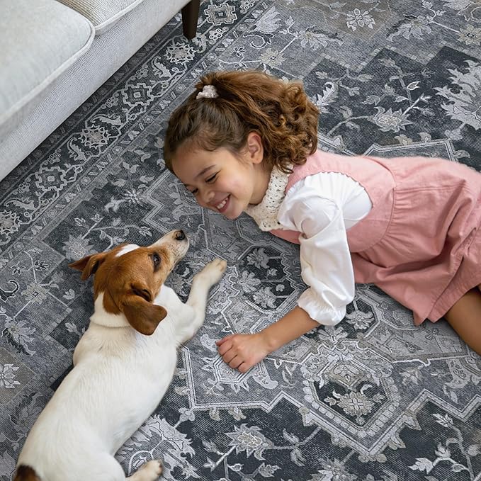 GENIMO 2'6''x8 Runner Rugs for Hallway, Machine Washable Non Slip Vintage Rugs, Low Pile Lightweight Soft Print Rug for enrtyway, Corridor, Home Office, Kitchen,Dark Gray