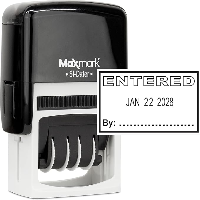 MaxMark Office Self Inking Date Stamp with Phrase Entered - Black Ink