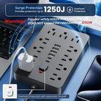 JouleLoom 2PCS 6 FT Flat Plug Surge Protector Power Strip,11 Multiple AC Outlets with 6 USB Ports (2 USB C), 6 Feet Extension Cord, 1250W/10A, One Touch Switch Button, 17 in 1 Compact powerstrip