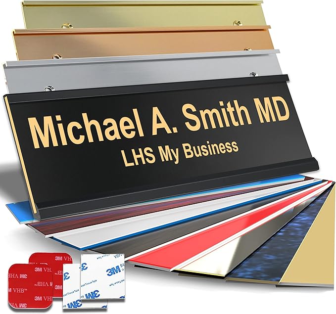 Custom Name Plate for Doors, with Choice of Mounting Holders for Walls, Doors, Cubicles, Hanging and More - Personalized Gloss Black Plastic Gold Letters - USA Made 2x6 - B3