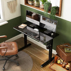 INNOVAR Glass Standing Desk with Drawers, 48 x 24 Inches Electric Height Adjustable Desk, Tempered Glass Top Stand Up Desks for Home and Office, Black