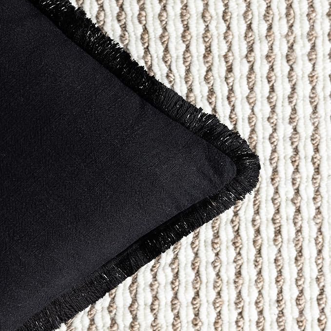 Foindtower Set of 2 Decorative Linen Fringe Throw Pillow Covers Cozy Boho Farmhouse Cushion Cover with Tassels Soft Accent Pillowcase for Couch Chair Sofa Bed Living Room Home Decor,18×18 Inch,Black