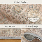 GENIMO 9x12 Area Rugs for Living Room, Machine Washable Non Slip Vintage Rugs, Low Pile Lightweight Chenille Print Rug for Bedroom, Dining Room, Home Office, Oatmeal Beige