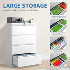 FLIXELIO File Cabinets 4 Drawer,Metal Office Storage Filing Cabinet with Lock,White Lateral Filing Cabinet for Home Office,Horizontal Locking File Cabinet for Legal/Letter/A4,Assembly Require,White