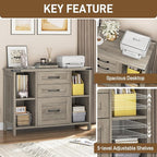 Vabches File Cabinet with 3 Drawers, Farmhouse Lateral File Cabinet Fits Files Letter/A4 Size, Wooden Filing Cabinet with Adjustable Shelves Printer Stand for Home Office, Grey