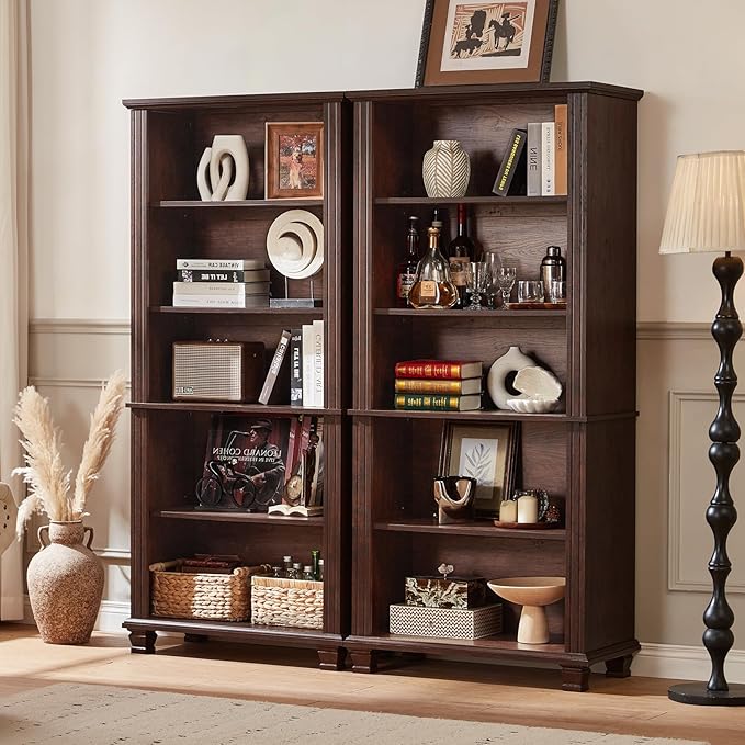 70" Tall Walnut Bookshelf,5 Tier Wooden Book Shelf with Adjustable Shelves & Wood Legs,Free Standing Farmhouse Bookcase with Open Display Storage,Vintage Bookshelves for Classroom, 3PCS