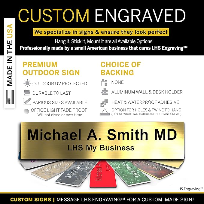 Engraved Name Plates for Door Sign Personalized Brushed Brass Plastic Plaque with Black Letters - Made in USA 2x10 M6