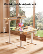 FiCiHi Electric Standing Desk with Four Drawers, Adjustable Height Sit Stand Desk, C-Clamp Compatible Home Office Desk with Storage Shelf & Monitor Stand Riser, 40 x 24 Inch, Maple