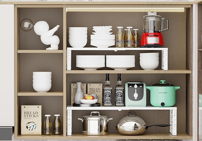 Jojocross Expandable Stackable Spice Rack Organizer for Kitchen Cabinet,Adjustable Counter Shelf, countertop, Pantry,Cupboard,Bathroom,Bedroom(1Pack/White/Large)
