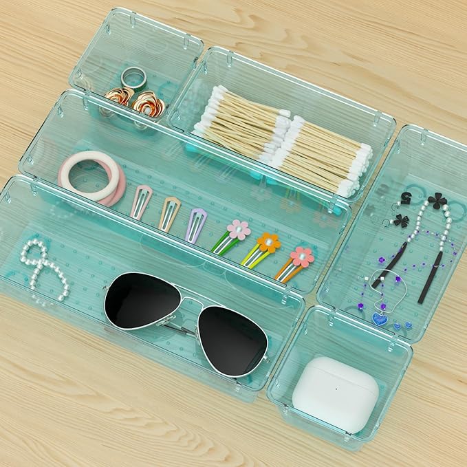 WOWBOX 6 Pack Clear Drawer Organizer Set, Acrylic Drawer Storage Trays, Storage Bins for Makeup, Cosmetics, Jewelries, Utensils, Gadgets, Office, Sea Blue