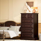 VVFLU Farmhouse 6 Drawer Dresser, 48" Tall Dresser Chest of Drawers with Natural Texture & Metal Handles, Storage Dressers Organizer for Bedroom, Living Room, Hallway, Vintage Design (Cherry)