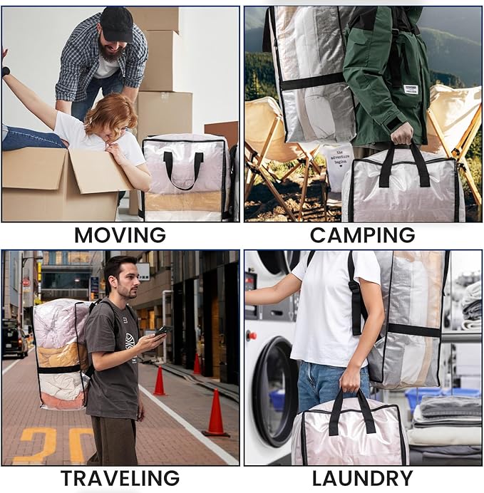 TAILI 4 Pack Clear Moving Bags w/Adjustable Backpack Straps, Moving Supplies, Moving Boxes Alternative, Heavy Duty Storage Totes for College Packing, Camping Backpack for Travel, Dorm, Laundry