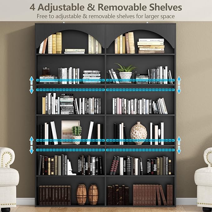 70.8’’ Tall Bookshelf and Bookcase, 7-Tier Double Wide Bookcase Modern Large Open Display Shelves with Curved Baffle for Home Office Living Room (Black)