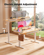 FiCiHi Electric Standing Desk with Four Drawers, Adjustable Height Sit Stand Desk, C-Clamp Compatible Home Office Desk with Storage Shelf & Monitor Stand Riser, 55 x 24 Inch, Maple