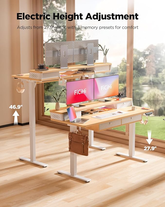 FiCiHi Electric Standing Desk with Four Drawers, Adjustable Height Sit Stand Desk, C-Clamp Compatible Home Office Desk with Storage Shelf & Monitor Stand Riser, 55 x 24 Inch, Maple