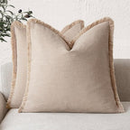 Foindtower Set of 2 Decorative Linen Fringe Throw Pillow Covers Boho Farmhouse Cushion Cover with Tassels Soft Accent Pillowcase for Couch Chair Sofa Bed Living Room Home Decor,24×24 Inch,Tan Beige