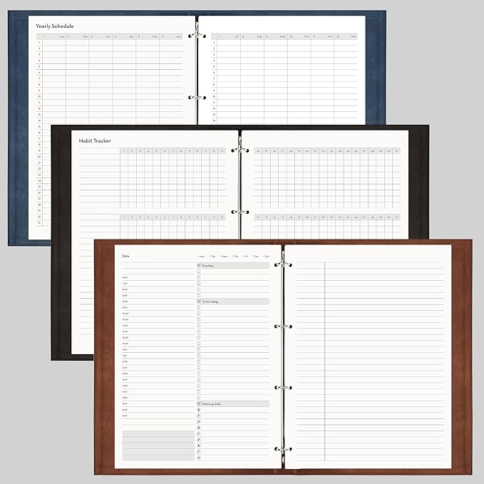 EMSHOI Undated Daily Planner 9.2" X 12", Large To Do List Notepad, 240 Refill Pages Ring Binder Planner, Hardcover Leather Appointment Book for Work, with Yearly Schedule, Habit Tracker, Black