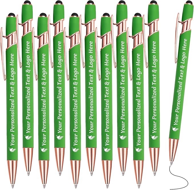STREADVE Personalized Custom Pens 10 Engraved Writing Pen with Name Logo, Customized Promotional Items Stylus Pen Gifts for Men Women Realtor Nurse Wedding Business, Green
