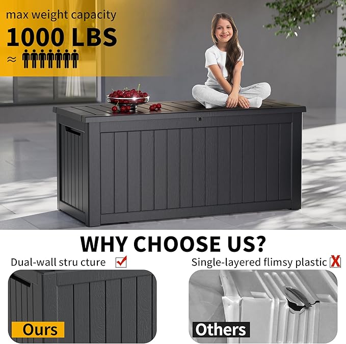 Decksplore 270 Gallon Outdoor Storage Box Waterproof Lockable Resin Deck Box Large, Patio Storage Bin for Pool Accessories Cushion Furniture, Garden Tools, UV-Resistant Outside Delivery Black