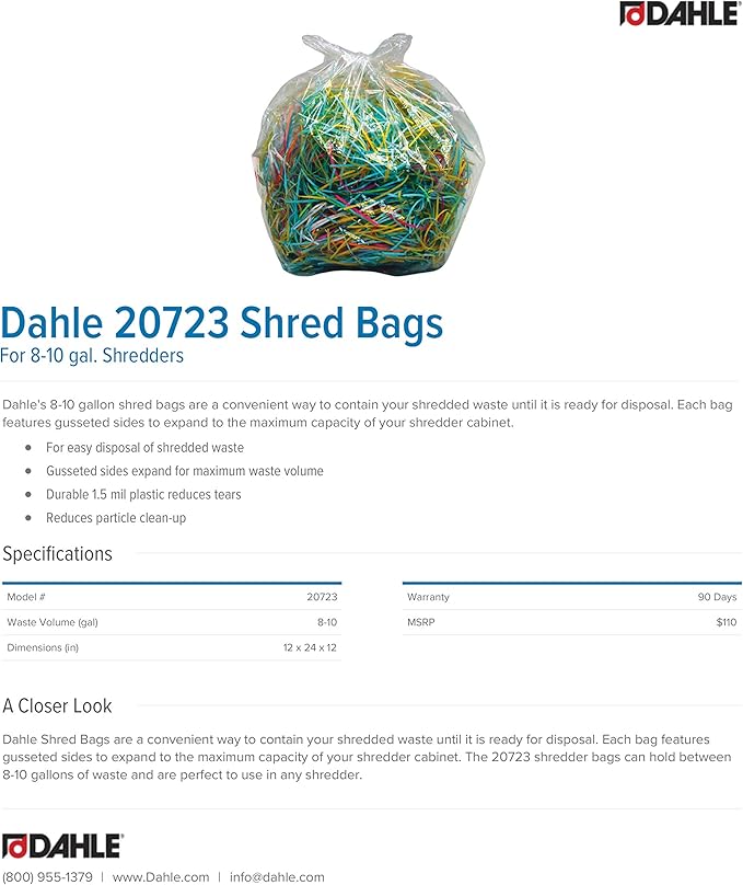 Dahle 20723 Shred Bags w/Gusseted Sides For Maximum Capacity, For Dahle 8-10 Gal Bin Shredders (Pack of 200)