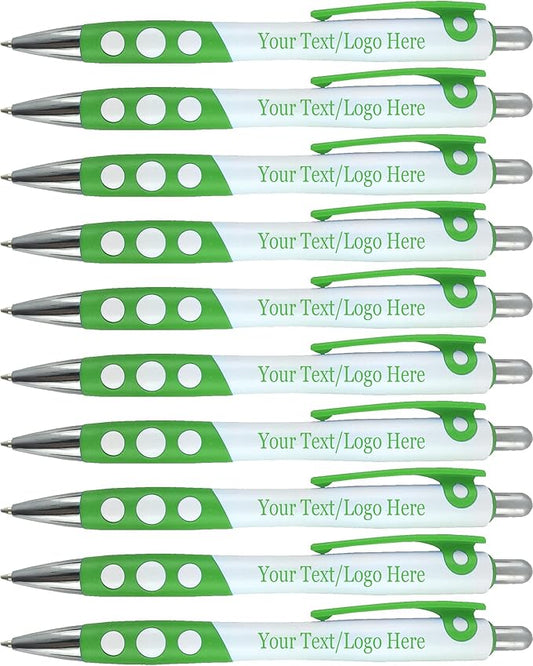 SyPen Personalized Ballpoint Pens With Custom Logo/Text-350 Pack Bulk-for Businesses, Parties, & Events, Custom Printed, White Barrel with Matching Colored Clip and Grip, Click Pens, Black Ink, Green