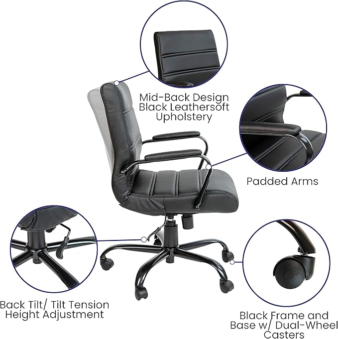 Flash Furniture Whitney Mid-Back Swivel LeatherSoft Desk Chair with Padded Seat and Armrests, Adjustable Height Padded Office Chair, Black