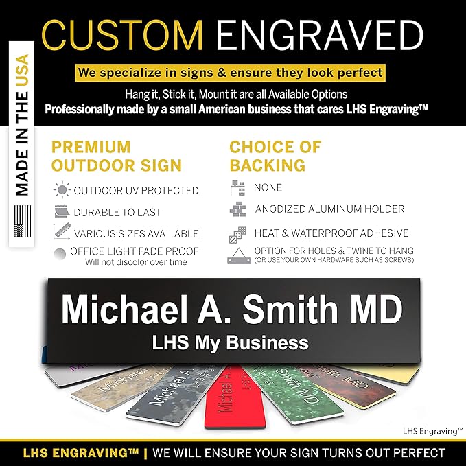 Personalized Name Sign with Name Plate Holder, with Choice of Mounting for Walls, Doors, Cubicles, Hanging and More - Black Plastic White Letters - USA Made 2x10 - B2