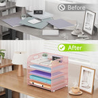 Cawukege 5 Tier Paper Organizer with Handle, Metal Mesh Desk Organizer File Folder Paper Letter Tray Desktop Document Sorter for Classroom, School, Office Accessories Organization and Storage - Pink
