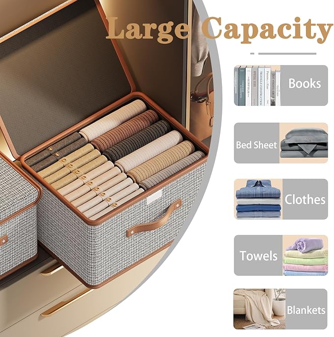 Tuza 2 Pack Storage Bins with Lids, Collapsible Closet Organizer Container, Fabric Organizer Box with Handles, Decorative Storage Boxes with Lids for Organizing Clothes, Books, Light Grey, Large