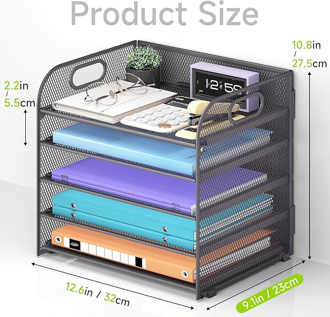 Cawukege 5 Tier Paper Organizer with Handle, Metal Mesh Desk Organizer File Folder Paper Letter Tray Desktop Document Sorter for Classroom, School, Office Accessories Organization and Storage - Grey