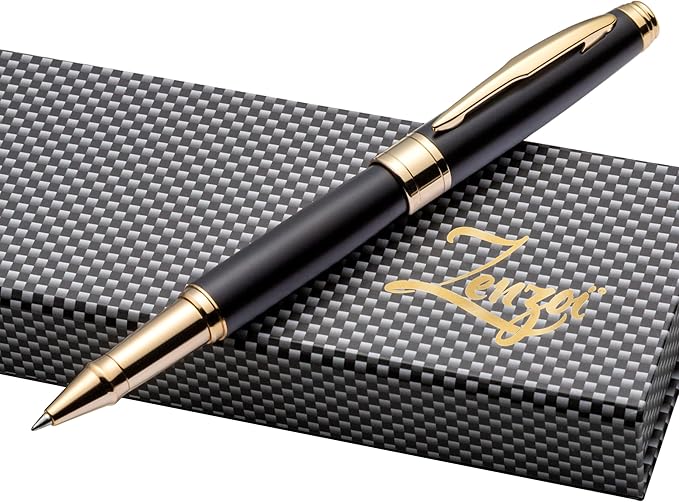 ZenZoi Luxury Pen For Men & Women W/Fine Tip Rollerball – Elegant Matte Black Executive Pen Gift Set W/Gold Trim, Quality Black Matte