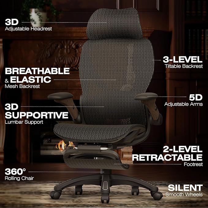 ELABEST X100 Ergonomic Office Chair with Footrest, Big and Tall Home Desk Chair with 5D Flip-Up Arms, Adjustable 5D Lumbar Support,High Back Rolling Computer Chair, Swivel Mesh Chairs (Library Oak)