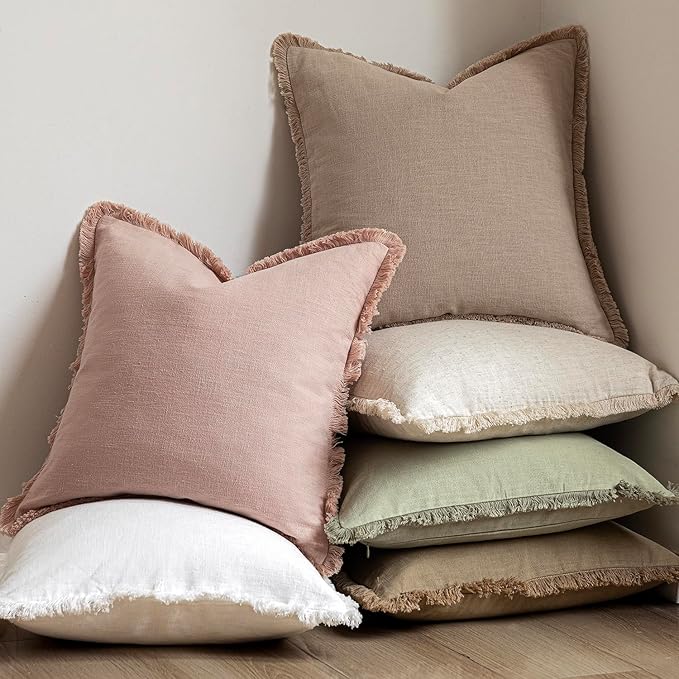 Foindtower Set of 2 Decorative Fringe Throw Pillow Covers Boho Farmhouse Cushion Cover with Tassels Soft Accent Pillowcase for Couch Sofa Bed Living Room Home Decor,20×20 Inch,Light Sage Green