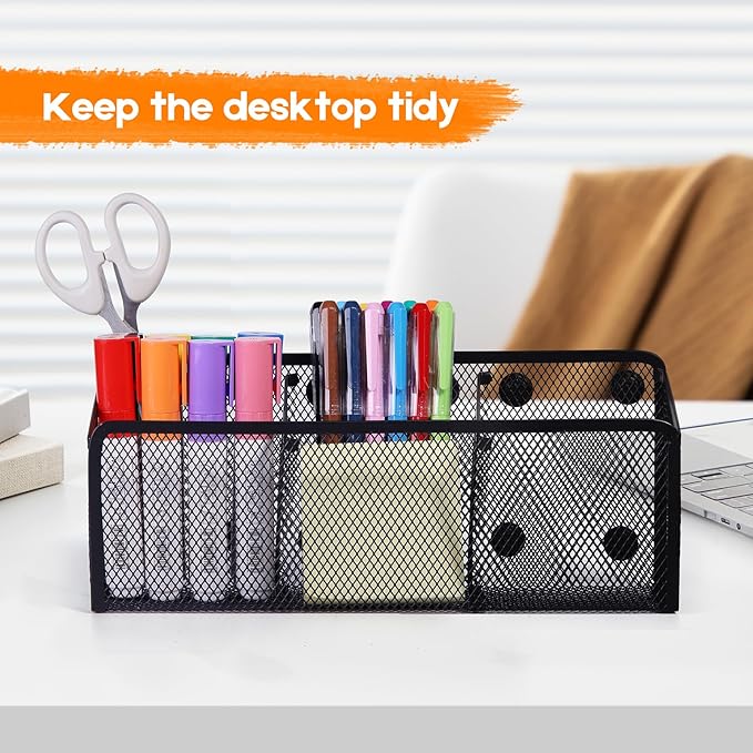 Ameceres Magnetic Pencil Holder - Extra Strong Magnets Mesh Marker Holder Perfect for Whiteboard, Refrigerator and Locker Accessories (3 Baskets, 1 Pack Black)