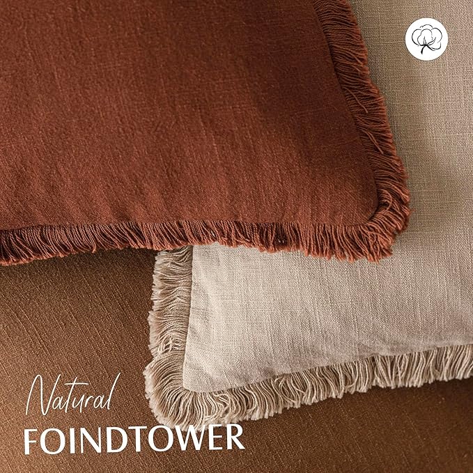 Foindtower Set of 2 Decorative Linen Fringe Throw Pillow Covers Cozy Boho Farmhouse Cushion Cover with Tassels Soft Accent Pillowcase for Couch Sofa Bed Living Room Home Decor,16×16 Inch,Orange Brown