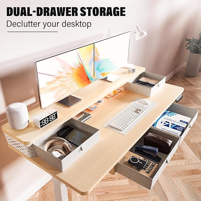 Kingant 48 x 24 Inch Electric Standing Desk with 4 Drawers, Height Adjustable Sit to Stand Computer Desk with Storage Shelf and C-Clamp Mount Compatibility for Home Office, Nature
