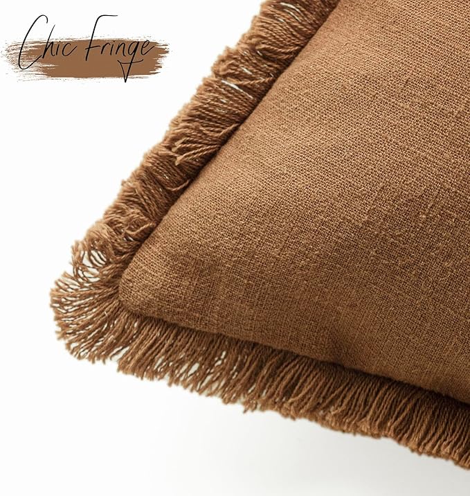 Foindtower Set of 2 Decorative Linen Fringe Throw Pillow Covers Boho Farmhouse Cushion Cover with Tassels Soft Accent Pillowcase for Couch Sofa Bed Living Room Home Decor,18×18 Inch,Orange Brown