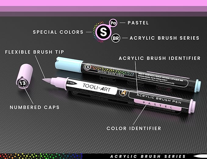 24 Flexible Brush Tip Acrylic Paint Pens Markers Set 1-7mm Line for Rock Painting, Brush Lettering, Glass, Mugs, Wood, Metal, Canvas, Fabric, Plastic Non Toxic Waterbased Quick Drying Assorted Pastel