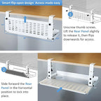 AEONS Universal Under Desk Cable Management Tray-Clamp Mount Hinged Swing Modesty Panel Organizer for Office Desks Easy Access Flip-Down position Power Strip Cord Storage No-Drill 25 lb Capacity White