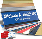Personalized Name Plate with Choice of Mounting Holders for Walls, Doors, Cubicles, Hanging and More - Custom Blue Plastic White Letters - USA Made 2x10 - B9