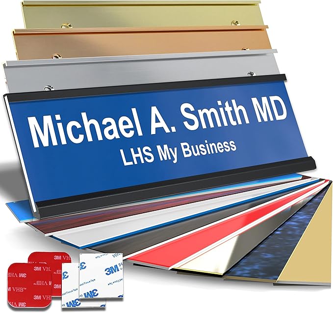 Personalized Name Plate with Choice of Mounting Holders for Walls, Doors, Cubicles, Hanging and More - Custom Blue Plastic White Letters - USA Made 2x10 - B9