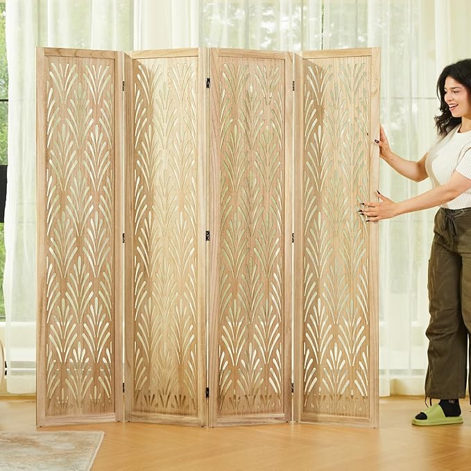 5.6Ft Room Divider Folding Wood Simple Carved Partition Screen for Home Office Garden - 4 Panels (Natural)