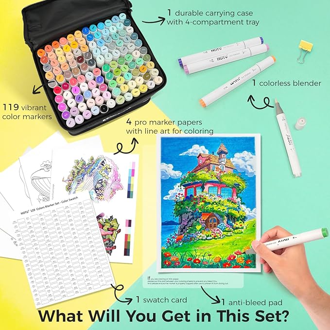 Alcohol Markers Brush Tip-120 Colors Dual Tip Brush & Chisel Art Marker Set for Artist Coloring Illustration with Line Art for Coloring, Colorless Blender, Swatch Card, Anti-bleed Pad