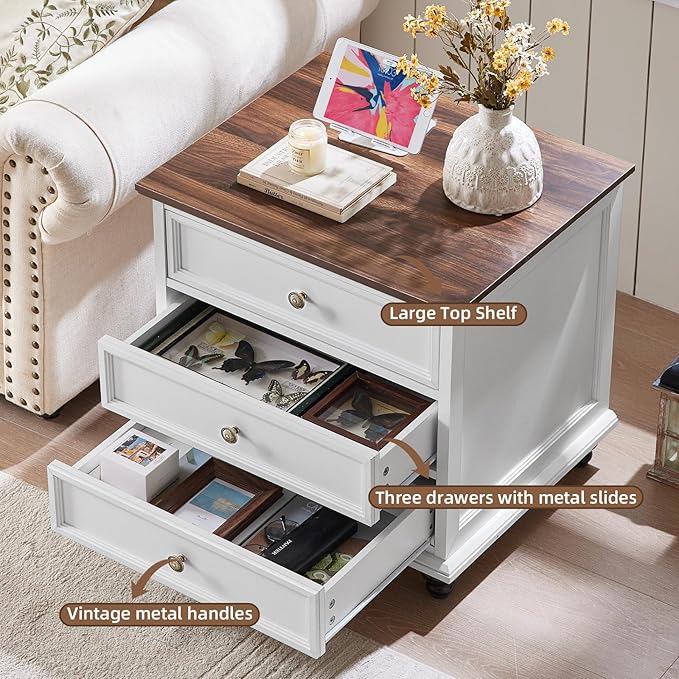 24" Wide Farmhouse Night Stand,Large End Table with 3 Drawers & Metal Handle,White Wood Dresser for Bedroom Cabinet, Bed Side Tabl·e Chest of Drawers,Nightstand for Living Room,Close