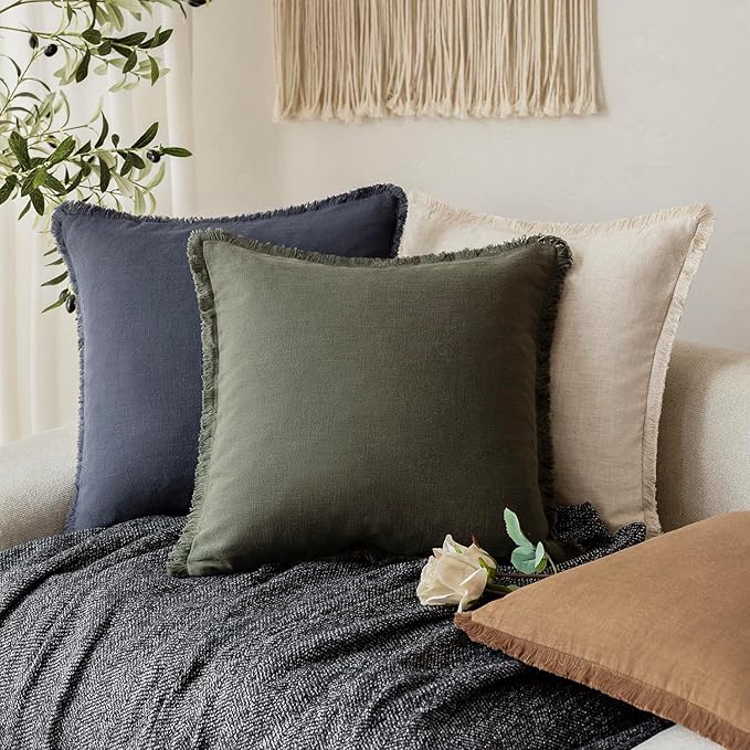 Foindtower Set of 2 Decorative Linen Fringe Lumbar Throw Pillow Covers Boho Farmhouse Cushion Cover with Tassels Accent Pillowcase for Couch Sofa Bed Living Room Home Decor,12×20 Inch,Dark Olive Green