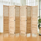 Svimi Folding Room Divider, 66.9 Inch 6 Panels Wood Carved Privacy Screens, Free Assembled Freestanding Portable Separation Wall for Home Office Bedroom (Natural)