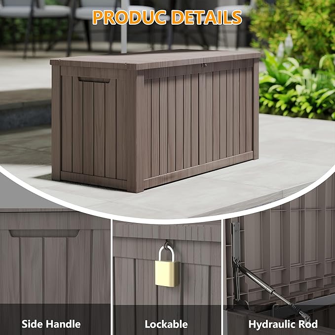 Yardgrace 270 Gallon Outdoor Storage Box Waterproof, Resin Deck Boxes with Lockable Lid & UV-Resistant for Patio, Pool, Garden Furniture Cushions & Accessories, Coffee